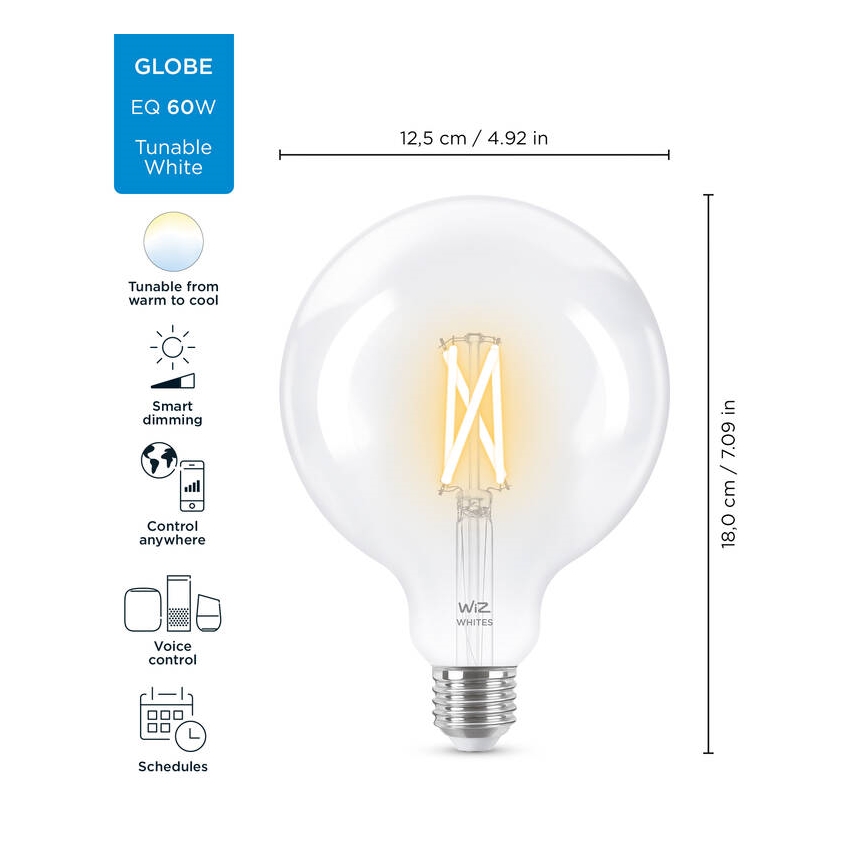 LED лампочка з регулюванням яскравості FILAMENT G125 E27/7W/230V 2700-6500K CRI 90 Wi-Fi – WiZ