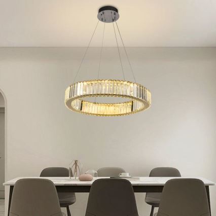 Светодиодная регулируемая кристальная люстра на тросе LED/40W/230V 3000-6500K глянцевый хром + пульт дистанционного управления