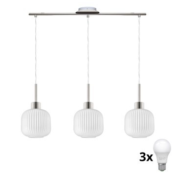 LED Lustr na lanku HARMA 3xE27/60W/230V matný chrom/bílá