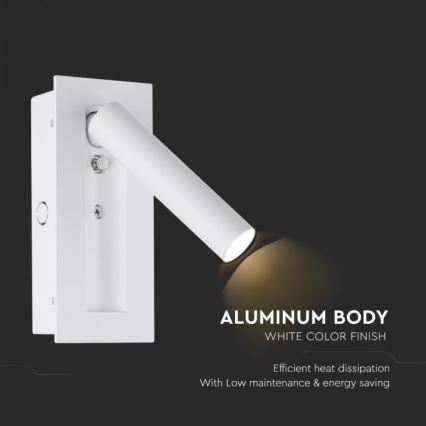 LED настенный точечный светильник, 2 Вт, 230 В, 3000 К, белый