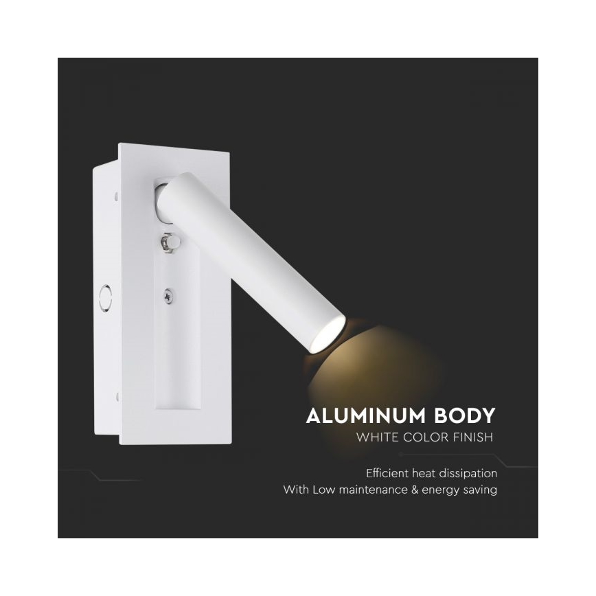 LED настенный точечный светильник, 2 Вт, 230 В, 3000 К, белый