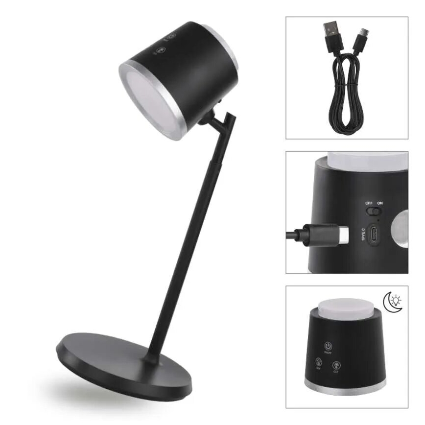 LED Настільна акумуляторна лампа з регулюванням яскравості 4в1 LED/6W/3,7V 3000K/4000K/6500K 1500mAh чорний
