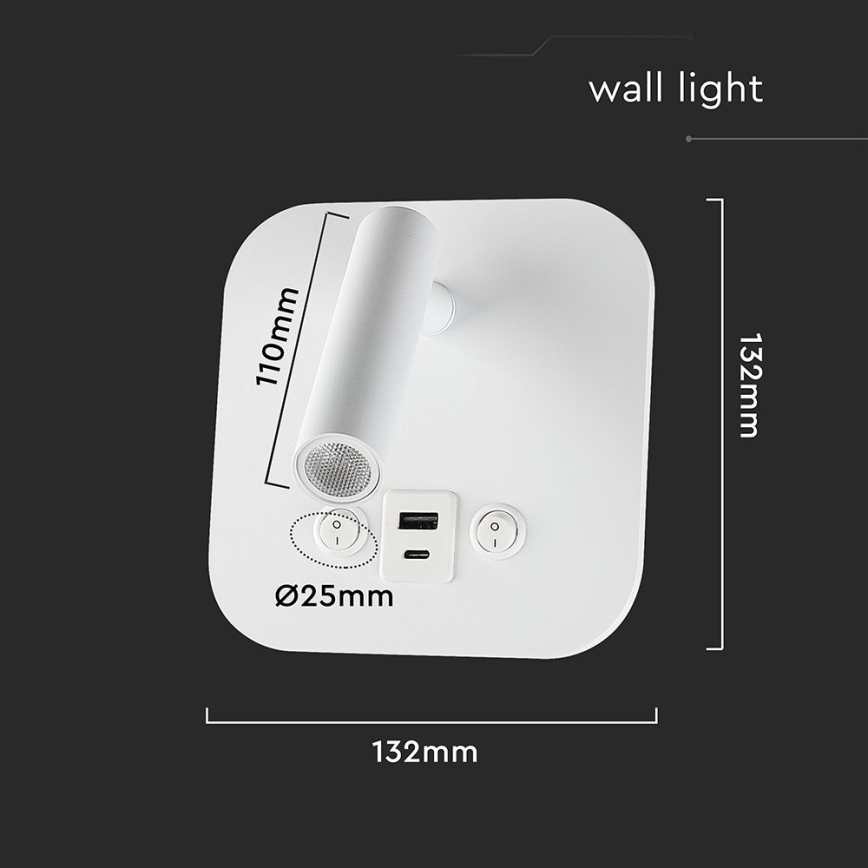 LED Настінний точковий світильник з USB-портом LED/8W/230V 3000K білий