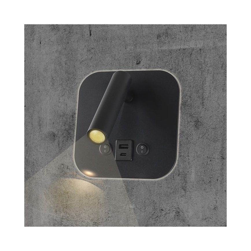 LED настінний точковий світильник з USB-портом LED/8W/230V 3000K чорний