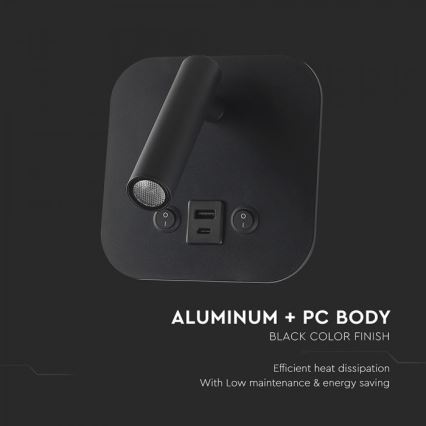 LED настінний точковий світильник з USB-портом LED/8W/230V 3000K чорний