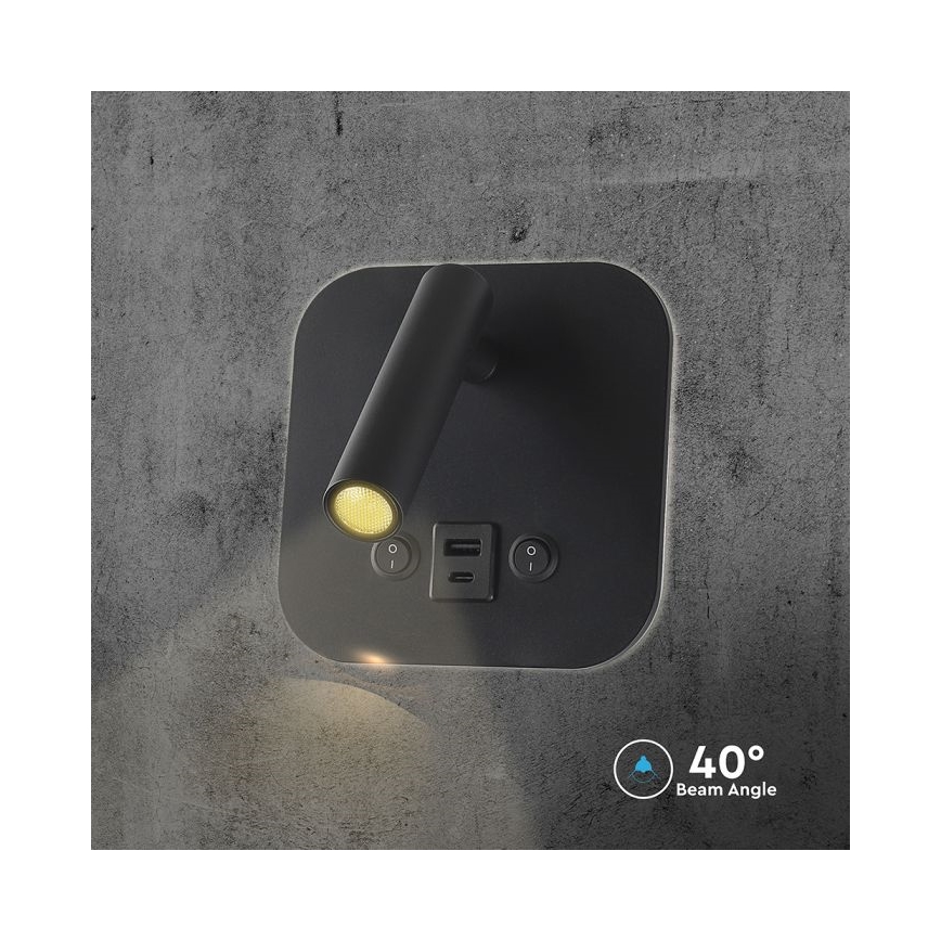 LED настінний точковий світильник з USB-портом LED/8W/230V 3000K чорний