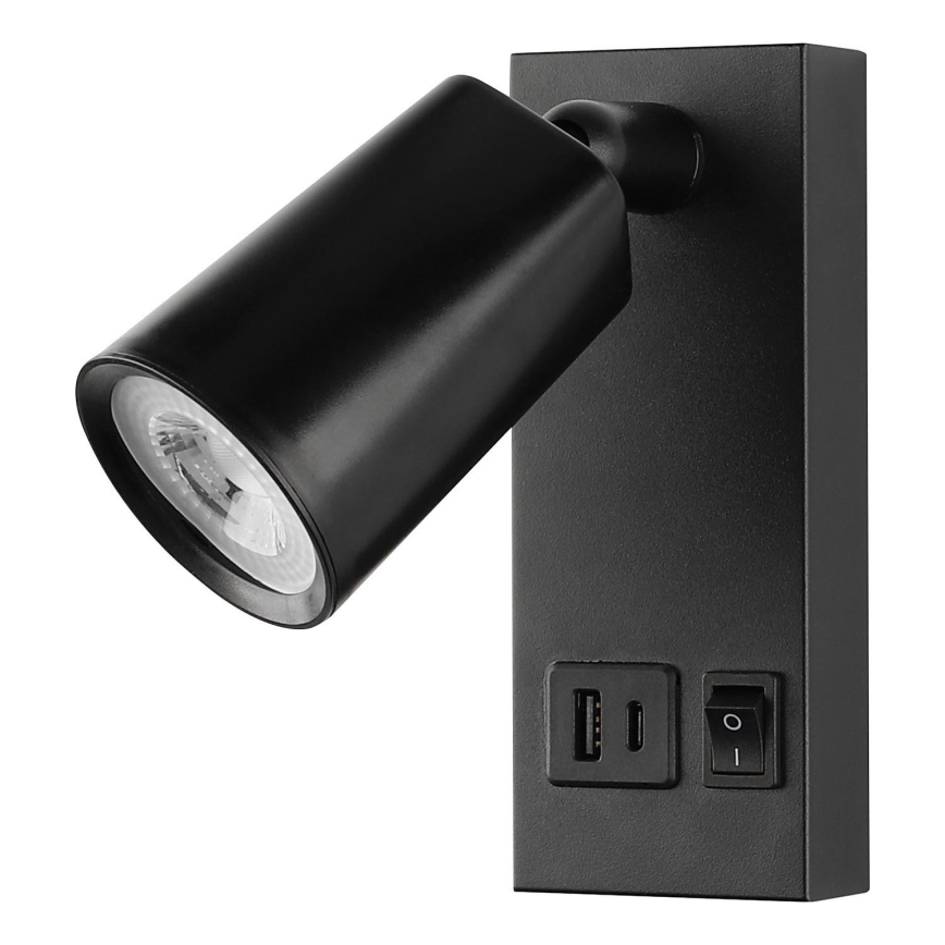 LED настінний точковий світильник з USB-зарядкою LED/5W/230V, чорний