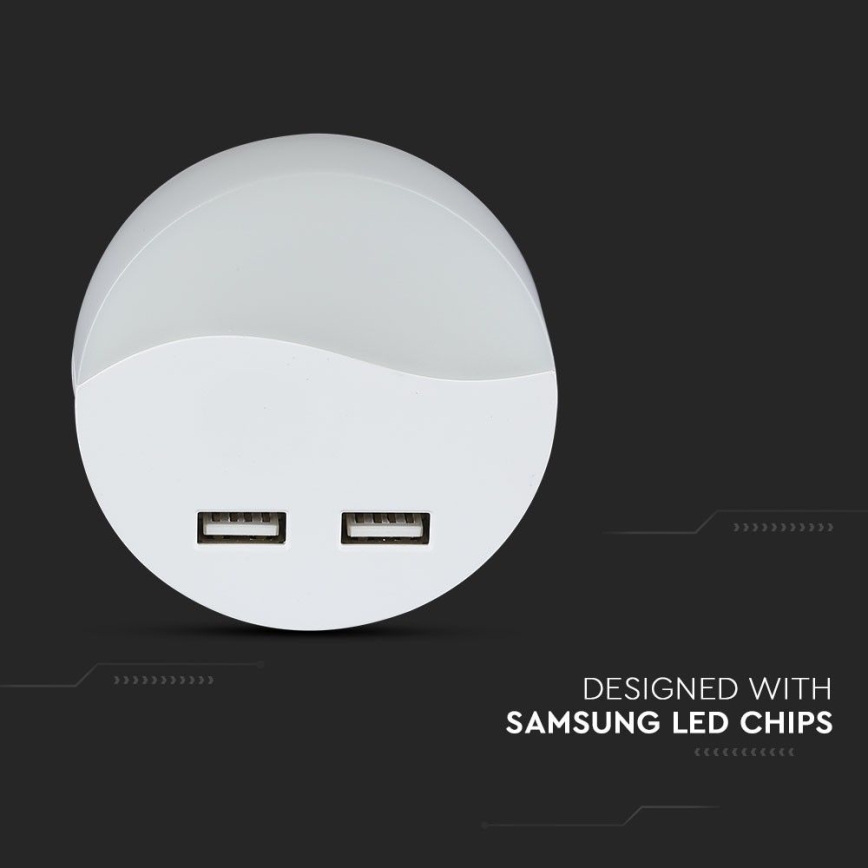 LED Нічник з датчиком освітленості в розетку 2xUSB LED/0,45W/230V 3000K