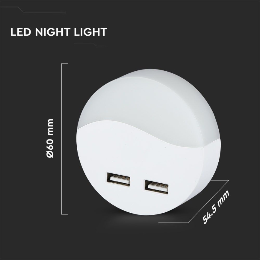 LED Нічник з датчиком освітленості в розетку 2xUSB LED/0,45W/230V 3000K