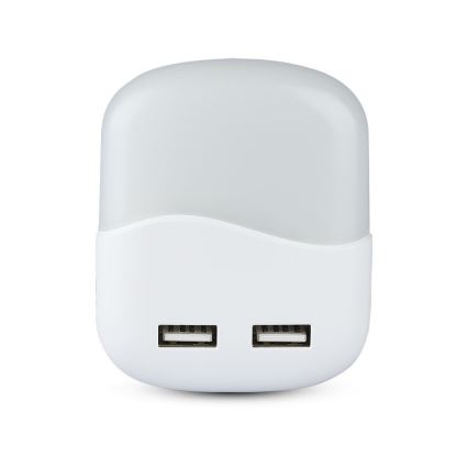 LED Нічник з датчиком освітленості в розетку 2xUSB LED/0,45W/230V 3000K