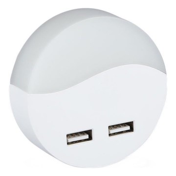 LED Нічник з датчиком освітленості в розетку 2xUSB LED/0,45W/230V 3000K