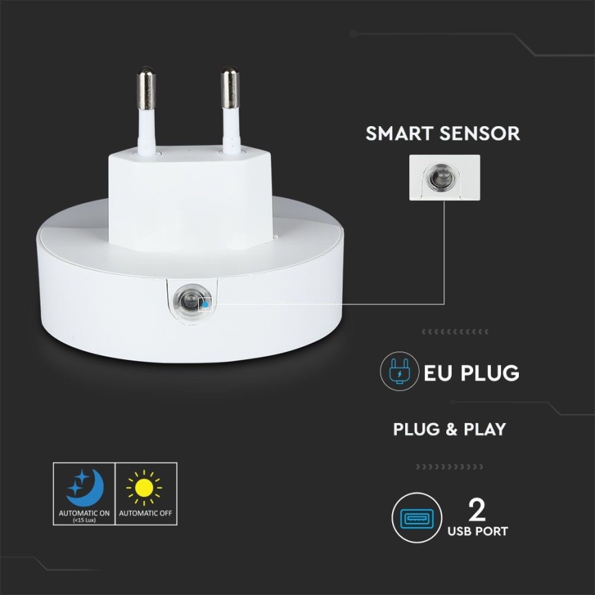 LED Нічник з датчиком освітленості в розетку 2xUSB LED/0,45W/230V 3000K