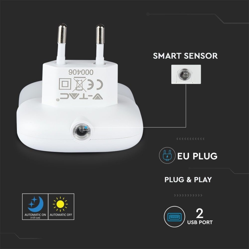 LED Нічник з датчиком освітленості в розетку 2xUSB LED/0,45W/230V 3000K