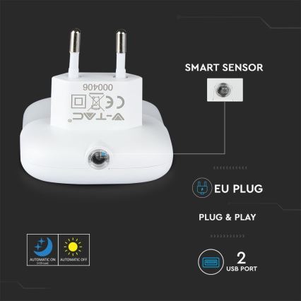 LED Нічник з датчиком освітленості в розетку 2xUSB LED/0,45W/230V 4000K
