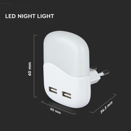 LED Нічник з датчиком освітленості в розетку 2xUSB LED/0,45W/230V 4000K