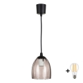 LED-подвесной светильник на тросе RETRO GLASS 1xE27/60W/230V диам. 17 см черный/дымчато-бежевый
