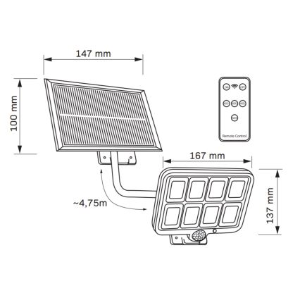 LED Прожектор з датчиком на сонячній батареї INTEGRA LED/3W/3,7V IP44 + дистанційне керування