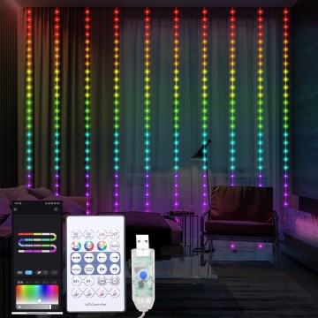 LED RGB Різдвяна гірлянда-штора з регулюванням яскравості WIZARD 300xLED/USB 3x3 м + пульт дистанційного керування