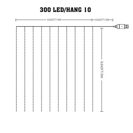 LED RGB Різдвяна гірлянда-штора з регулюванням яскравості WIZARD 300xLED/USB 3x3 м + пульт дистанційного керування