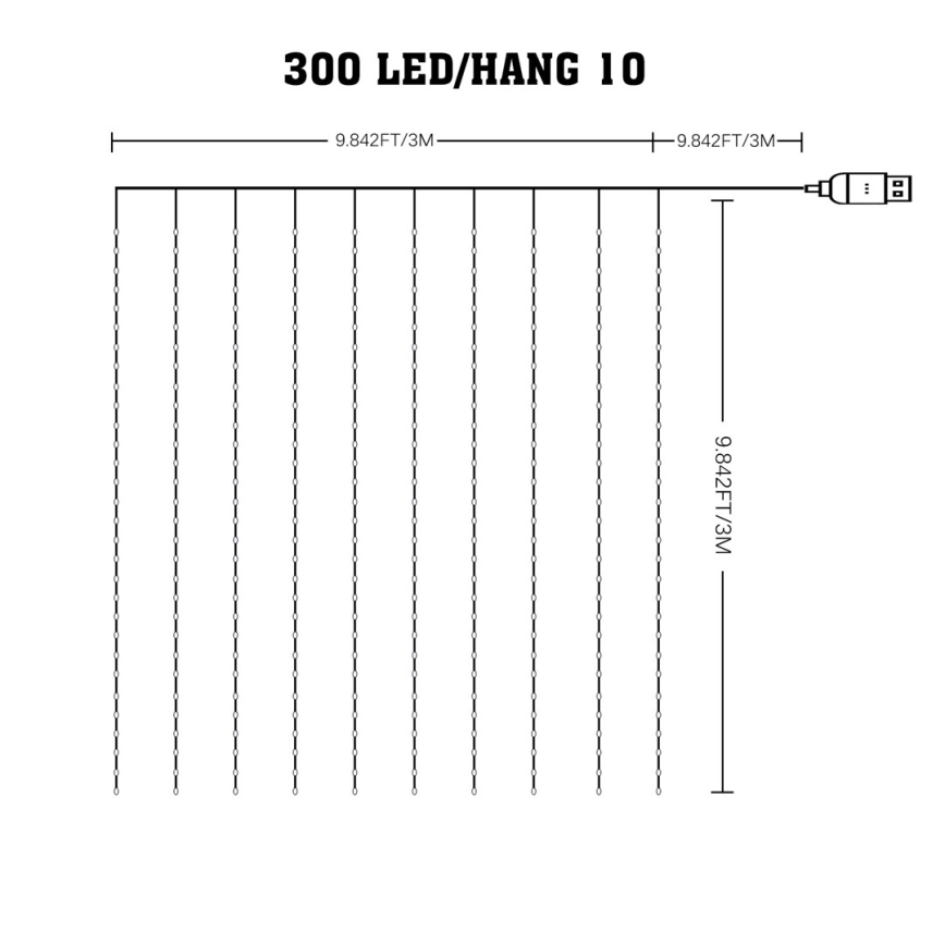 LED RGB Різдвяна гірлянда-штора з регулюванням яскравості WIZARD 300xLED/USB 3x3 м + пульт дистанційного керування