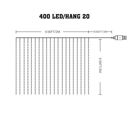 LED RGB Різдвяна гірлянда-штора з регулюванням яскравості WIZARD 400xLED/USB 2x2 м + пульт дистанційного керування