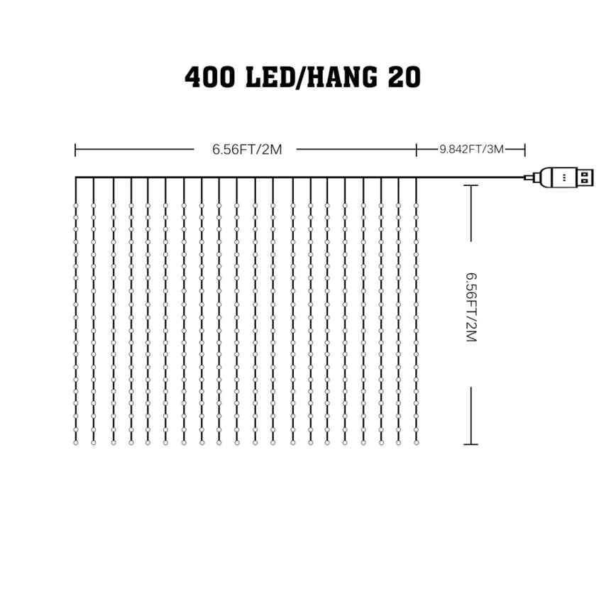 LED RGB Різдвяна гірлянда-штора з регулюванням яскравості WIZARD 400xLED/USB 2x2 м + пульт дистанційного керування