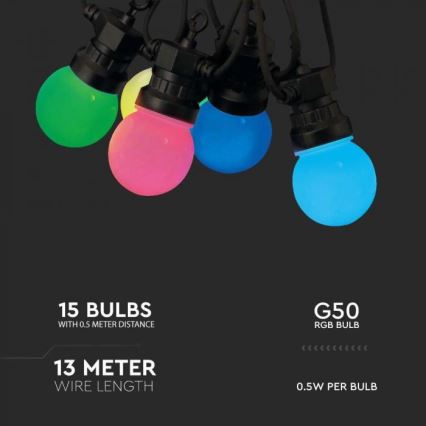 LED RGB Вулична гірлянда STRING 13 м 15xLED/0,5W/230V IP44 + пульт дистанційного керування