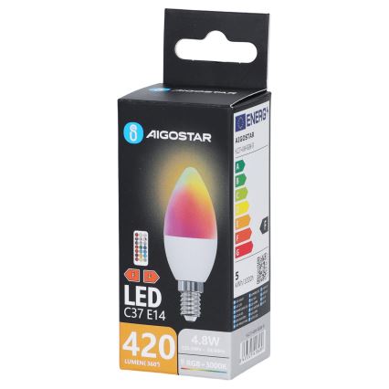 LED RGBW лампа C37 E14/4,8Вт/230В 3000К + пульт дистанційного керування - Aigostar