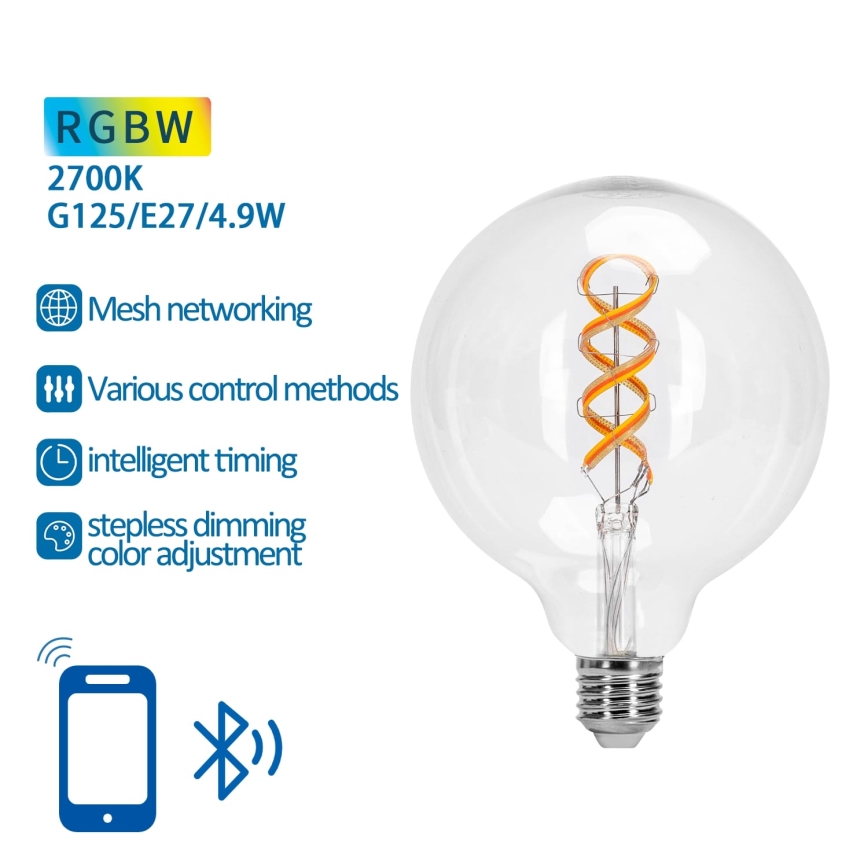 Світлодіодна RGBW лампочка з регулюванням яскравості FILAMENT MESH Smart G125 E27/4,9W/230V 2700K - Aigostar