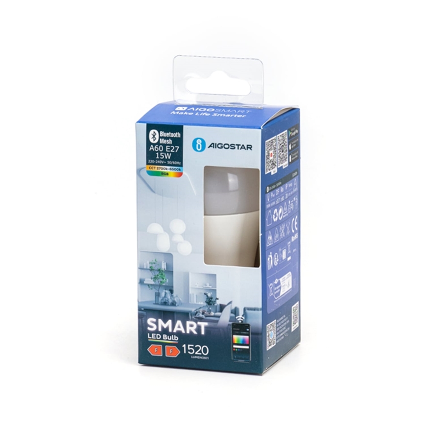 Світлодіодна RGBW лампочка з регулюванням яскравості MESH Smart A60 E27/15W/230V 2700-6500K - Aigostar