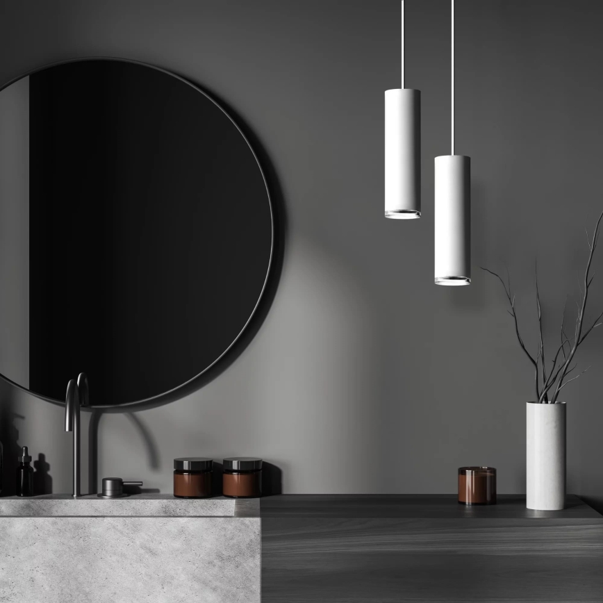 LED RGBW підвісна люстра для ванної з регулюванням яскравості на тросі TURYN 1xGU10/4,8W/230V 3000K IP44 біла + пульт дистанційного керування