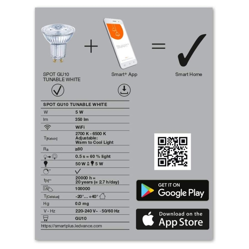 LED Розумна лампочка з регулюванням яскравості SMART+ GU10/5W/230V 2700K-6500K Wi-Fi - Ledvance