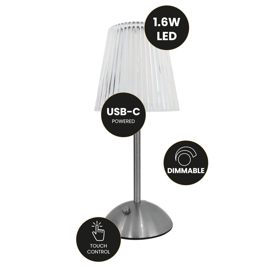 LED Сенсорна настільна LED лампа акумуляторна з регулюванням яскравості ELBA LED/1,6W/800 mAh матовий хром/прозорий