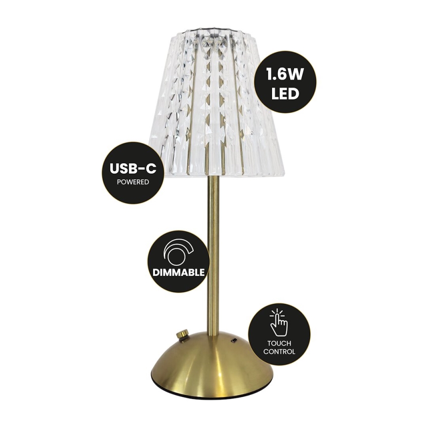 LED Сенсорна настільна LED лампа акумуляторна з регулюванням яскравості ELBA LED/1,6W/800 mAh 3000/4000/6000K золотий/прозорий