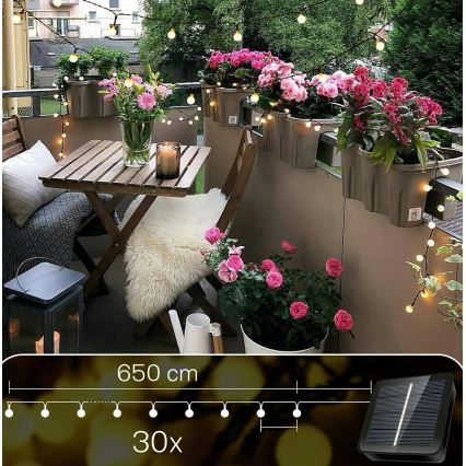LED солнечная декоративная гирлянда 30 светодиодов/8 функций 500 мАч 6,5 м IP67 тёплый белый