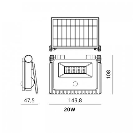 Светодиодный солнечный прожектор с датчиком NCS G2 LED/20W/3,7V 3000/4000/6500K IP54 2600 mAh