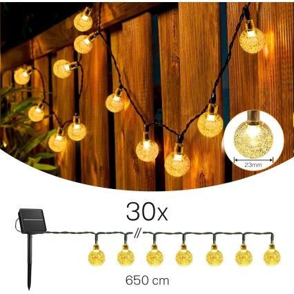 LED сонячна декоративна гірлянда 30xLED/8 функцій 500 mAh 6,5 м IP67 тепле біле