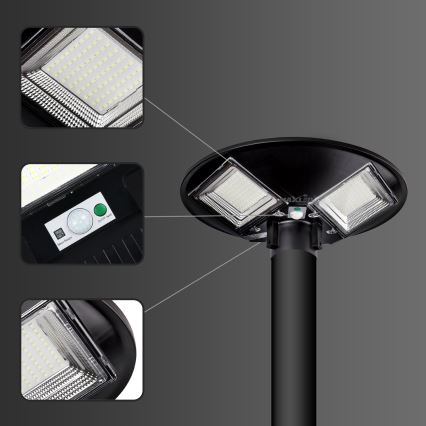 LED сонячна вулична лампа з регульованою яскравістю та датчиком, LED/15W/6V, 11000 mAh, 6500K, IP65, чорна + пульт дистанційного керування