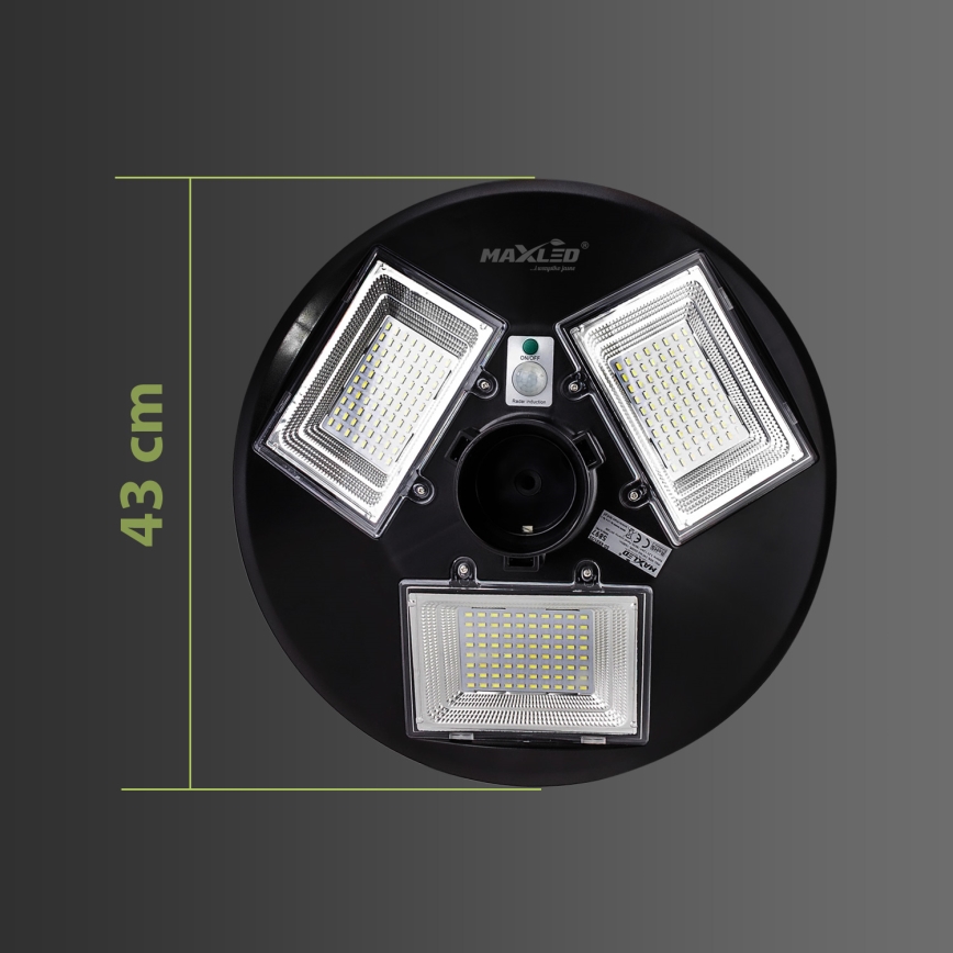 LED сонячна вулична лампа з регульованою яскравістю та датчиком, LED/15W/6V, 11000 mAh, 6500K, IP65, чорна + пульт дистанційного керування