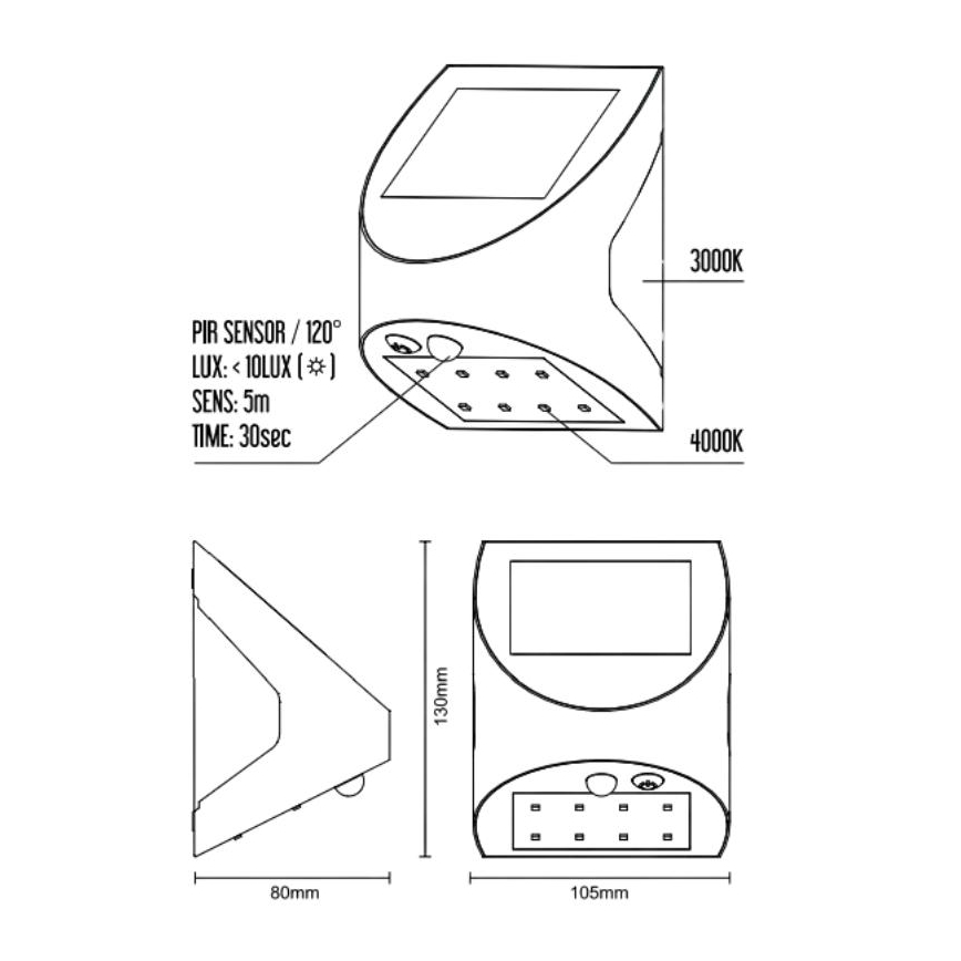 LED сонячний настінний світильник з датчиком LED/3W/3,7V 3000/4000K 1200 mAh IP54 чорний