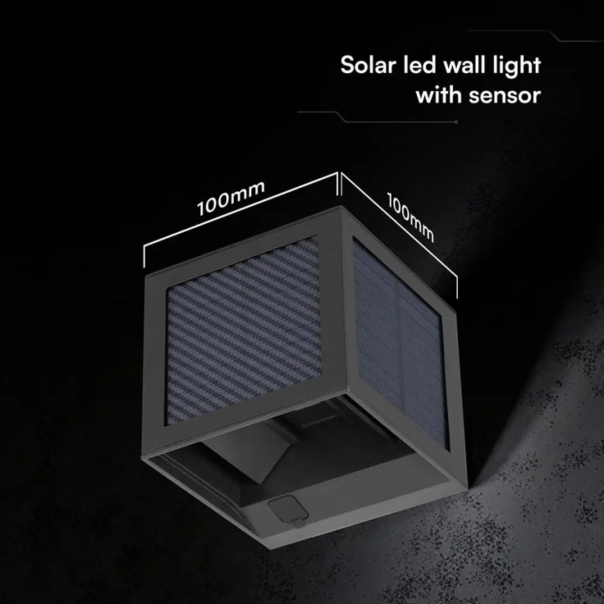 Сонячний настінний світильник LED з датчиком, 9W, 3,7V, 3000/4000/6000K, IP65, 2600 mAh, чорний