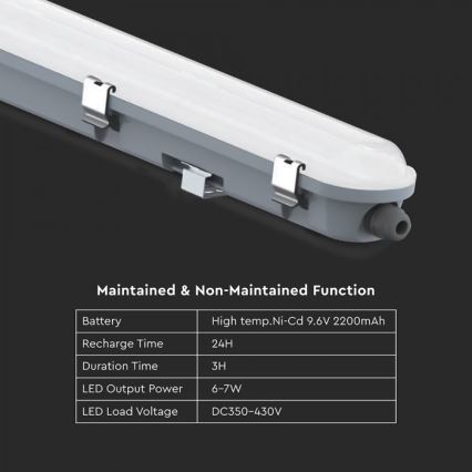 LED технічний лінійний світильник з аварійним модулем LED/48W/230V 6500K IP65 2200 mAh 150 cm