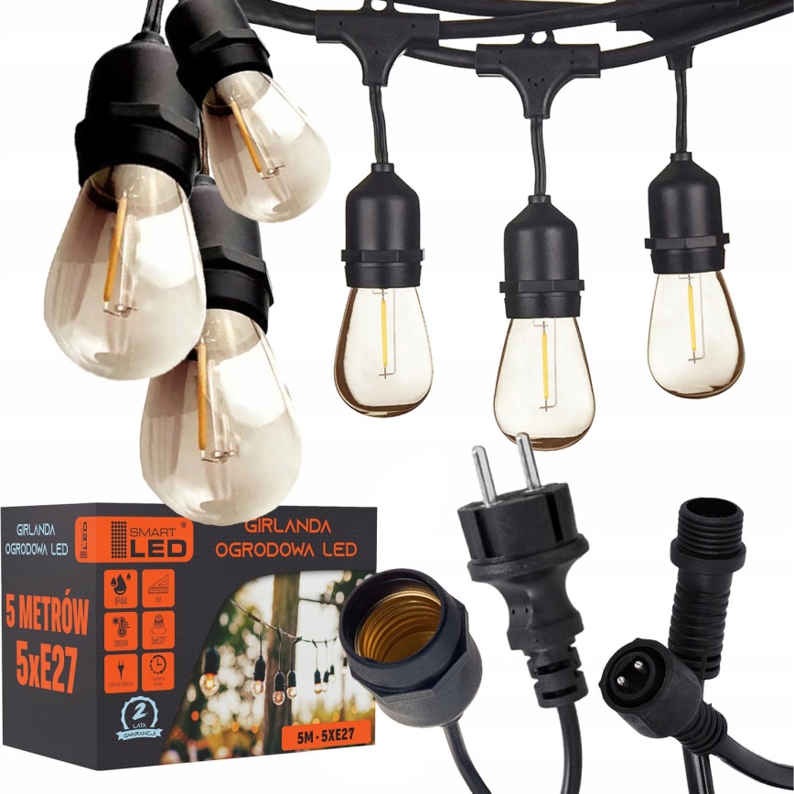 LED уличная декоративная гирлянда 5xE27/1W/230V 5,94 m IP44 черная