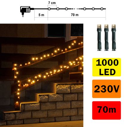 LED Вулична гірлянда 70 м 1000xLED/0,06W/230V теплий білий IP44