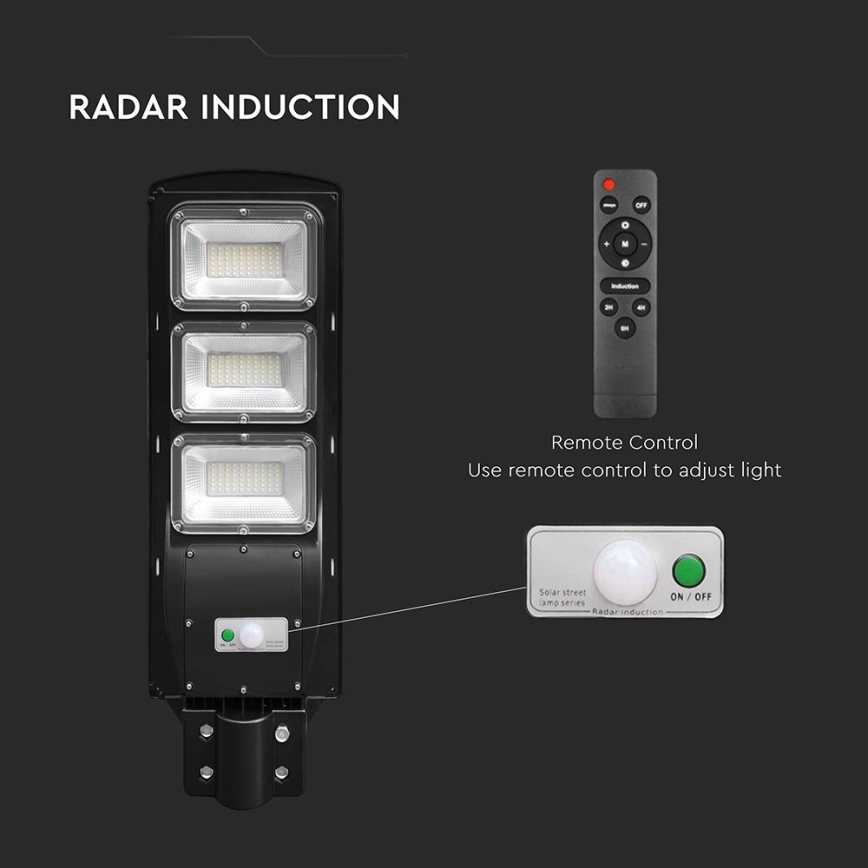 LED Вуличний ліхтар з датчиком руху і освітленості з регулюванням яскравості на сонячній батареї LED/12W/3,2V 6000K IP65 10000 mAh чорний + пульт дистанційного керування