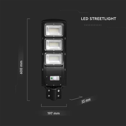 LED Вуличний ліхтар з датчиком руху і освітленості з регулюванням яскравості на сонячній батареї LED/12W/3,2V 6000K IP65 10000 mAh чорний + пульт дистанційного керування