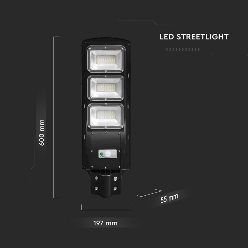 LED Вуличний ліхтар з датчиком руху і освітленості з регулюванням яскравості на сонячній батареї LED/12W/3,2V 6000K IP65 10000 mAh чорний + пульт дистанційного керування