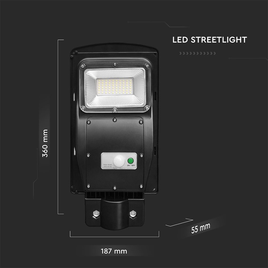 LED Вуличний ліхтар з датчиком руху і освітленості з регулюванням яскравості на сонячній батареї LED/6W/3,2V 6000K IP65 5000 mAh чорний + пульт дистанційного керування