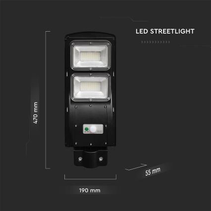 LED Вуличний ліхтар з датчиком руху і освітленості з регулюванням яскравості на сонячній батареї LED/8W/3,2V 6000K IP65 9000 mAh чорний + пульт дистанційного керування