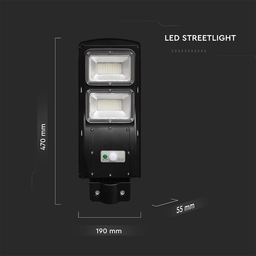 LED Вуличний ліхтар з датчиком руху і освітленості з регулюванням яскравості на сонячній батареї LED/8W/3,2V 6000K IP65 9000 mAh чорний + пульт дистанційного керування